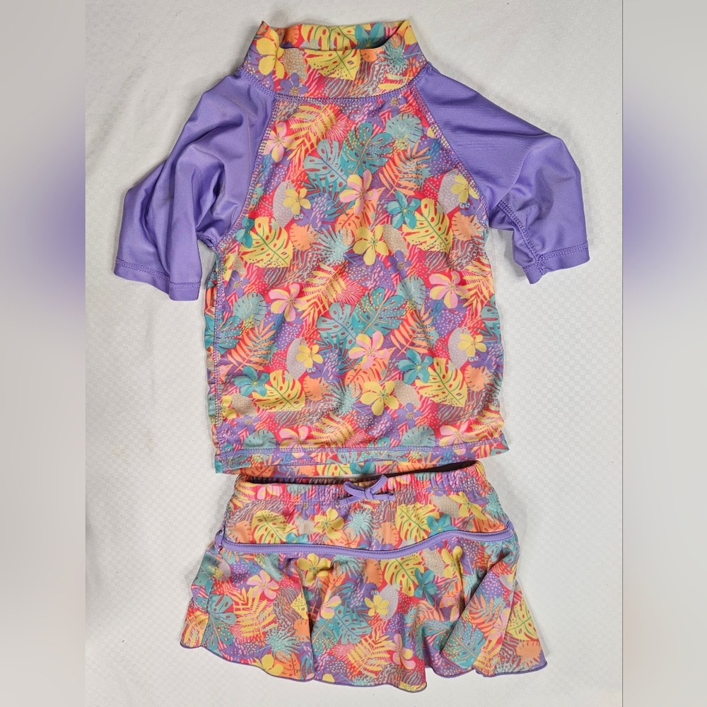 UVSkinz Girls Sun & Swim Set, Size 6 Purple Floral Rashguard & Swim Skirt